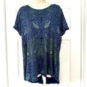 Lucky Brand Blue Paisley Split Back Short Sleeve Tee Shirt 1X